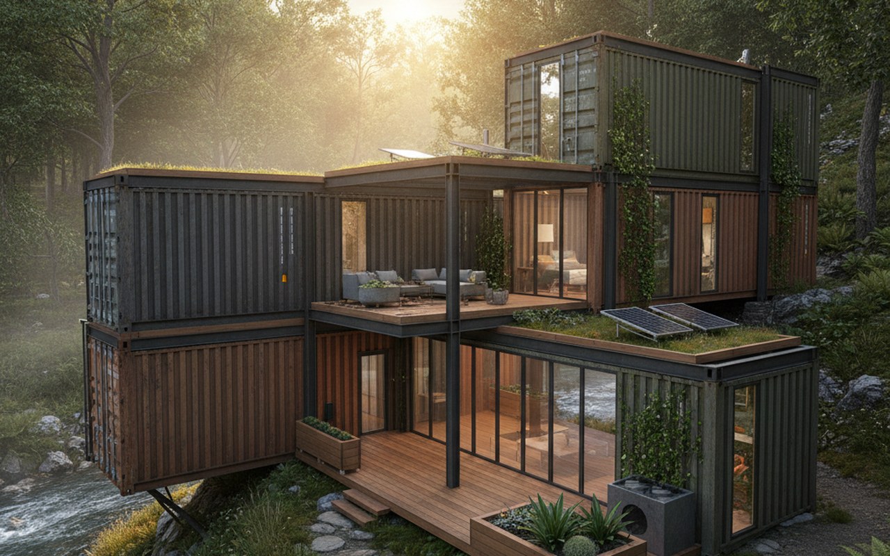 Maison conteneur moderne intégrée dans un environnement naturel, mettant en avant son design écologique.