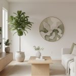 Intérieur minimaliste avec mobilier épuré et plantes vertes, ambiance sereine.