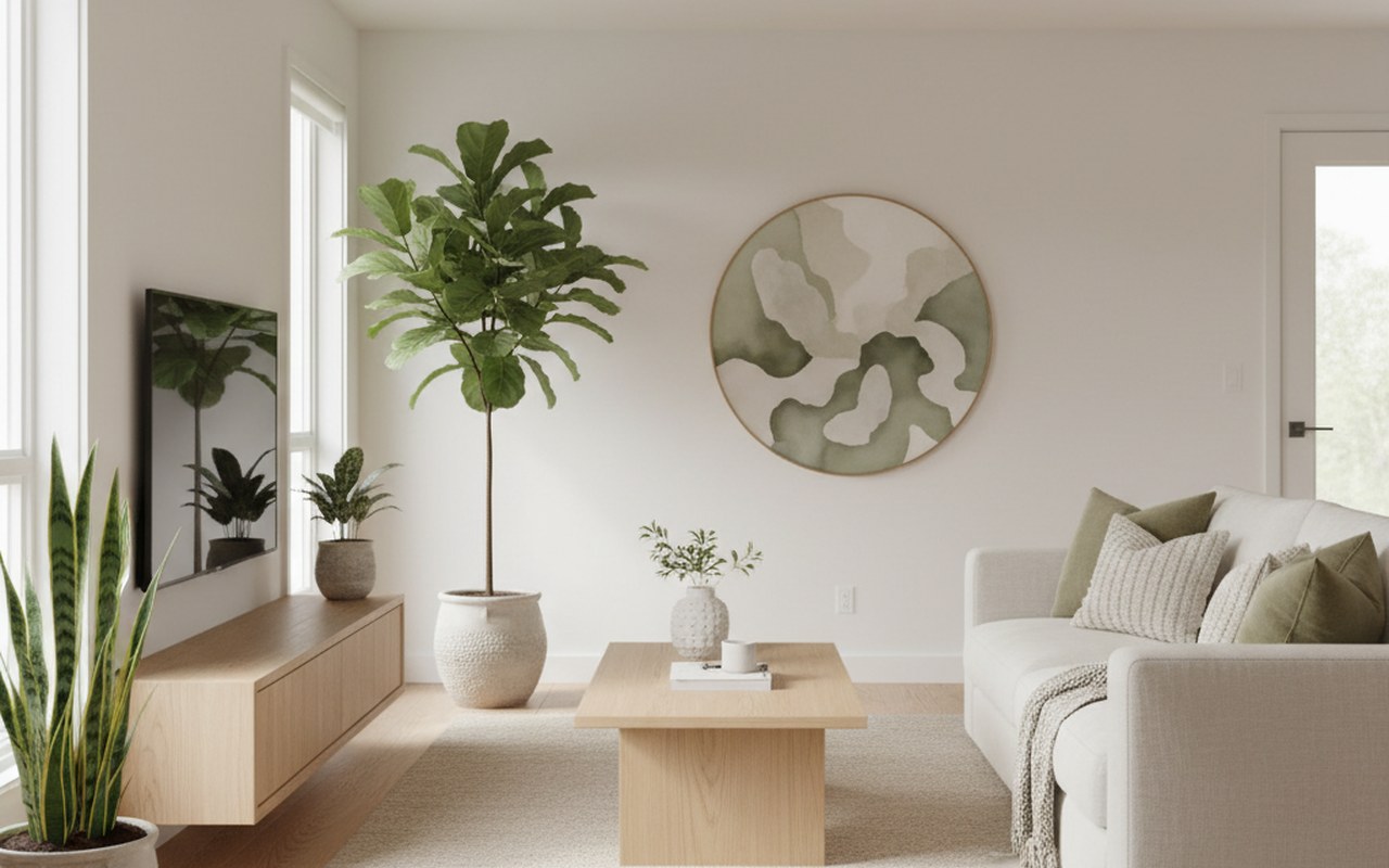 Intérieur minimaliste avec mobilier épuré et plantes vertes, ambiance sereine.