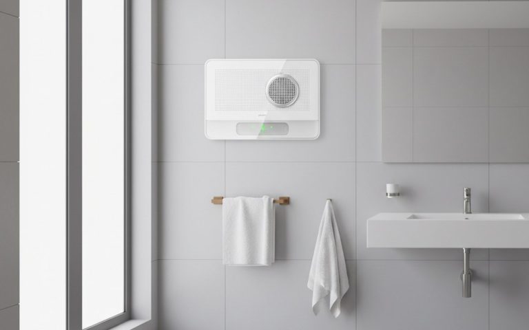 Installation d'une bouche VMC hygroréglable à pile dans une salle de bain moderne.