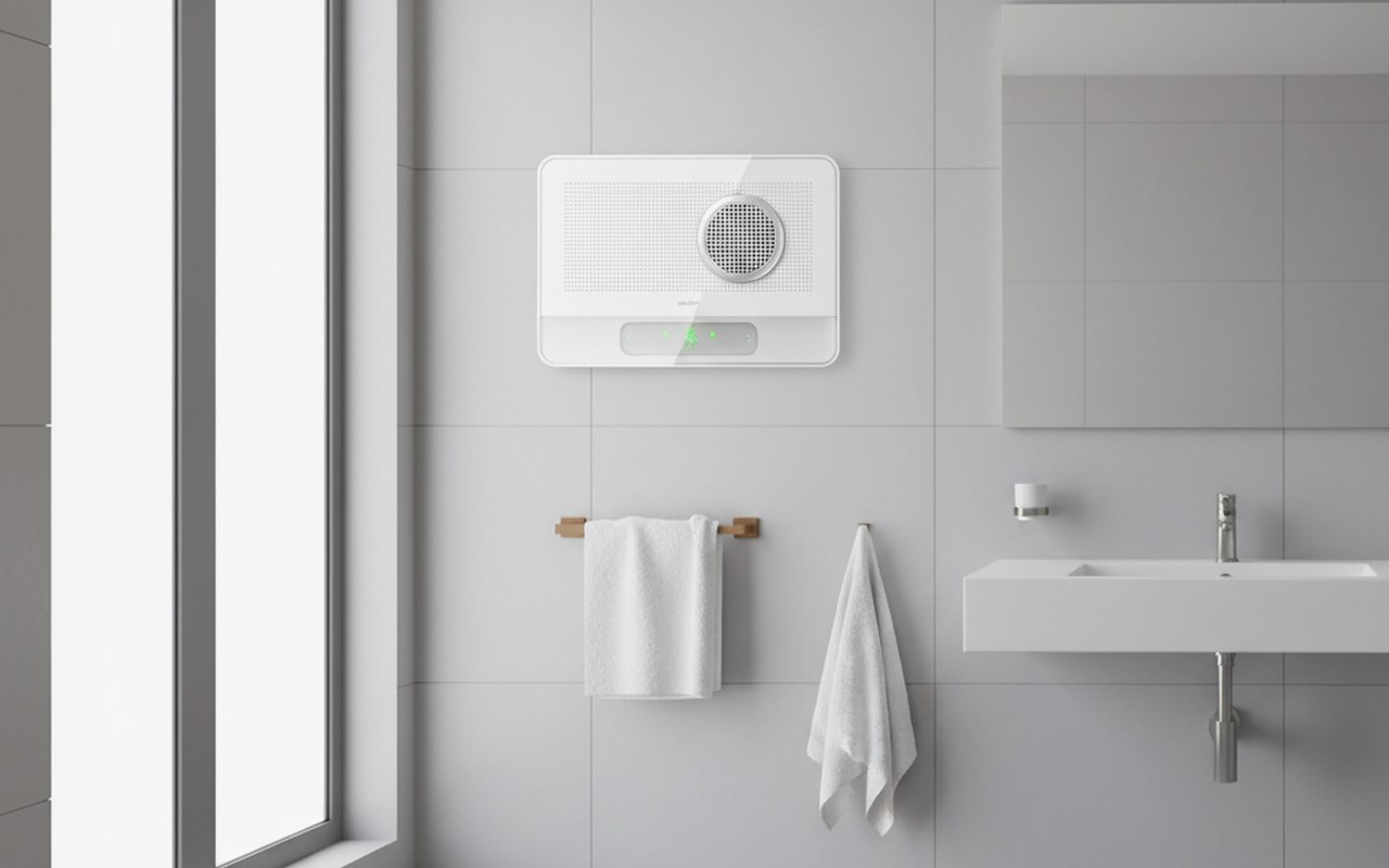 Installation d'une bouche VMC hygroréglable à pile dans une salle de bain moderne.