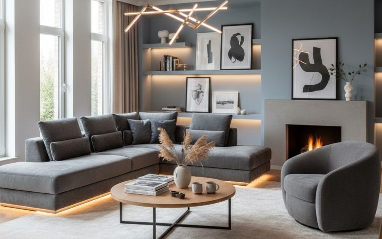 Intérieur moderne avec des meubles Casa Corner, canapés et luminaires élégants.