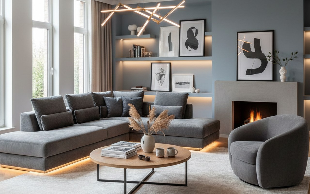 Intérieur moderne avec des meubles Casa Corner, canapés et luminaires élégants.