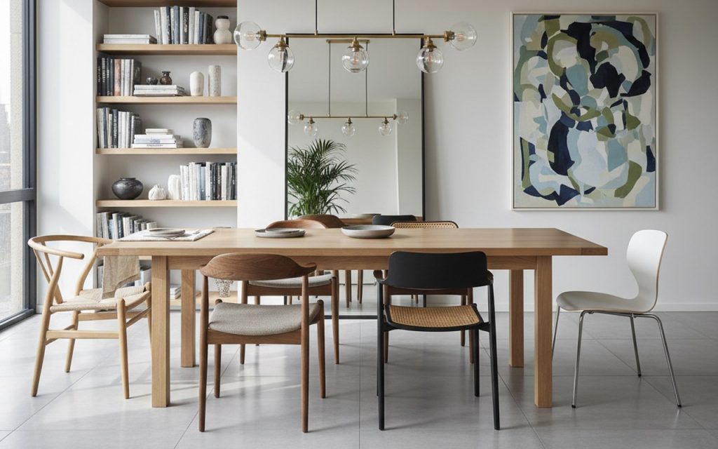 Salle à manger moderne avec chaises design variées autour d'une table en bois clair.