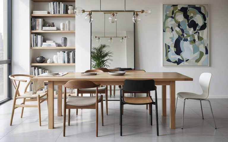 Salle à manger moderne avec chaises design variées autour d'une table en bois clair.
