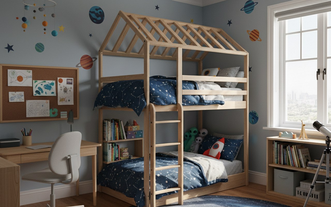 Chambre d'enfant garçon avec lit cabane et coin bureau sur le thème de l'espace.