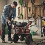 Un bricoleur remplace la courroie d'une motobineuse Briggs et Stratton dans un garage.