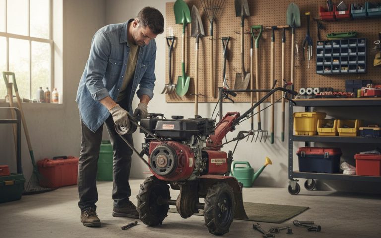 Un bricoleur remplace la courroie d'une motobineuse Briggs et Stratton dans un garage.