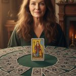 Femme brune bienveillante entourée de cartes de tarot, symbolisant la Dame de Trèfle.
