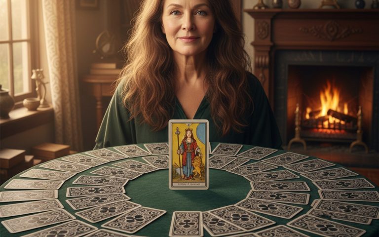 Femme brune bienveillante entourée de cartes de tarot, symbolisant la Dame de Trèfle.