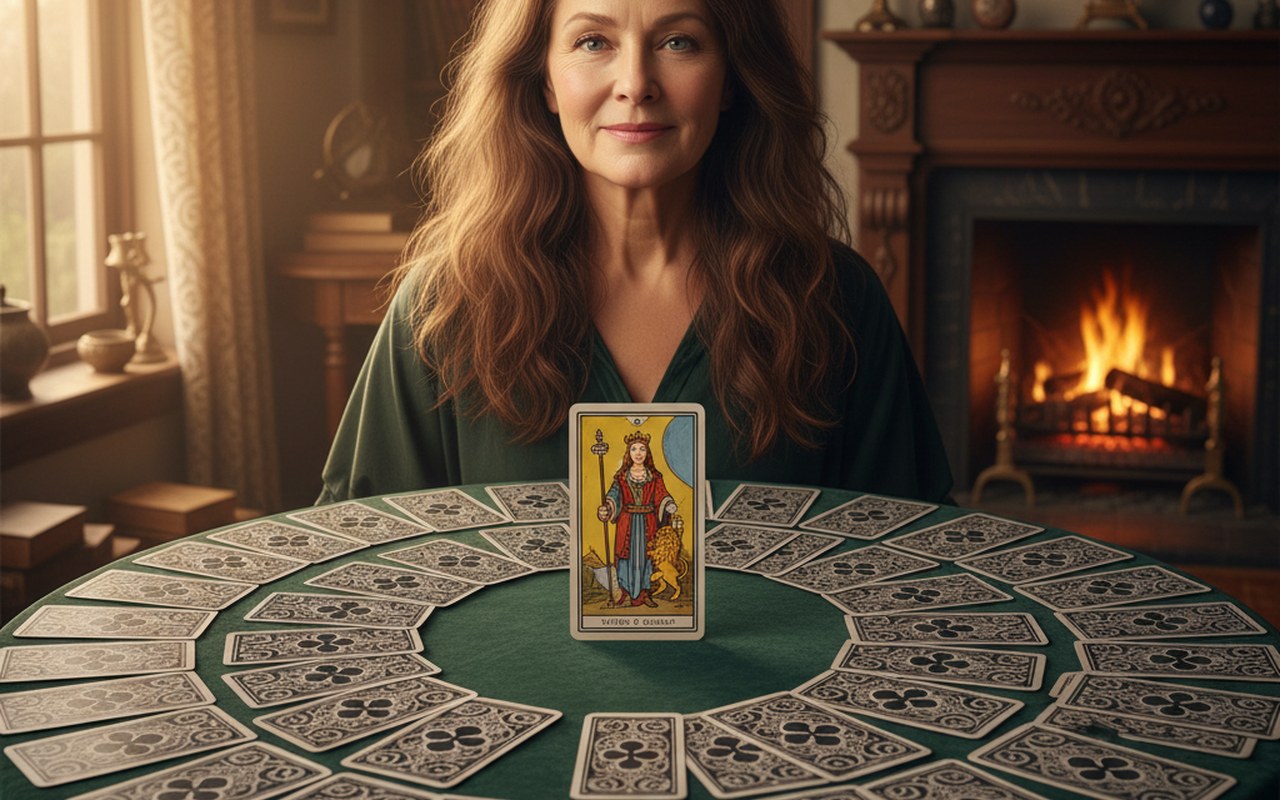 Femme brune bienveillante entourée de cartes de tarot, symbolisant la Dame de Trèfle.