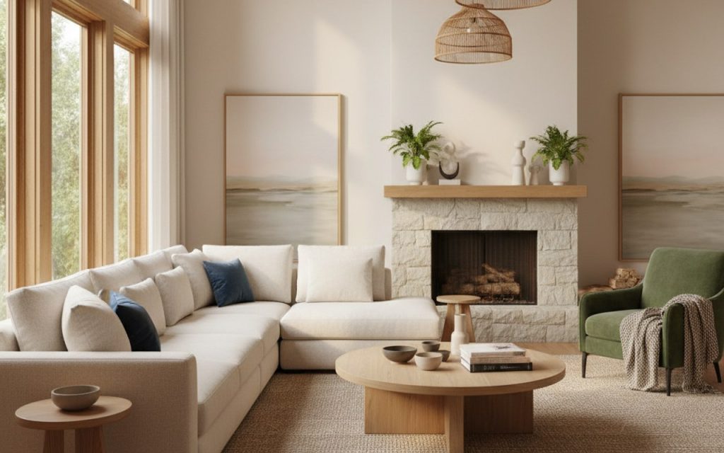 Intérieur moderne et chaleureux avec des couleurs harmonieuses et des matériaux naturels.