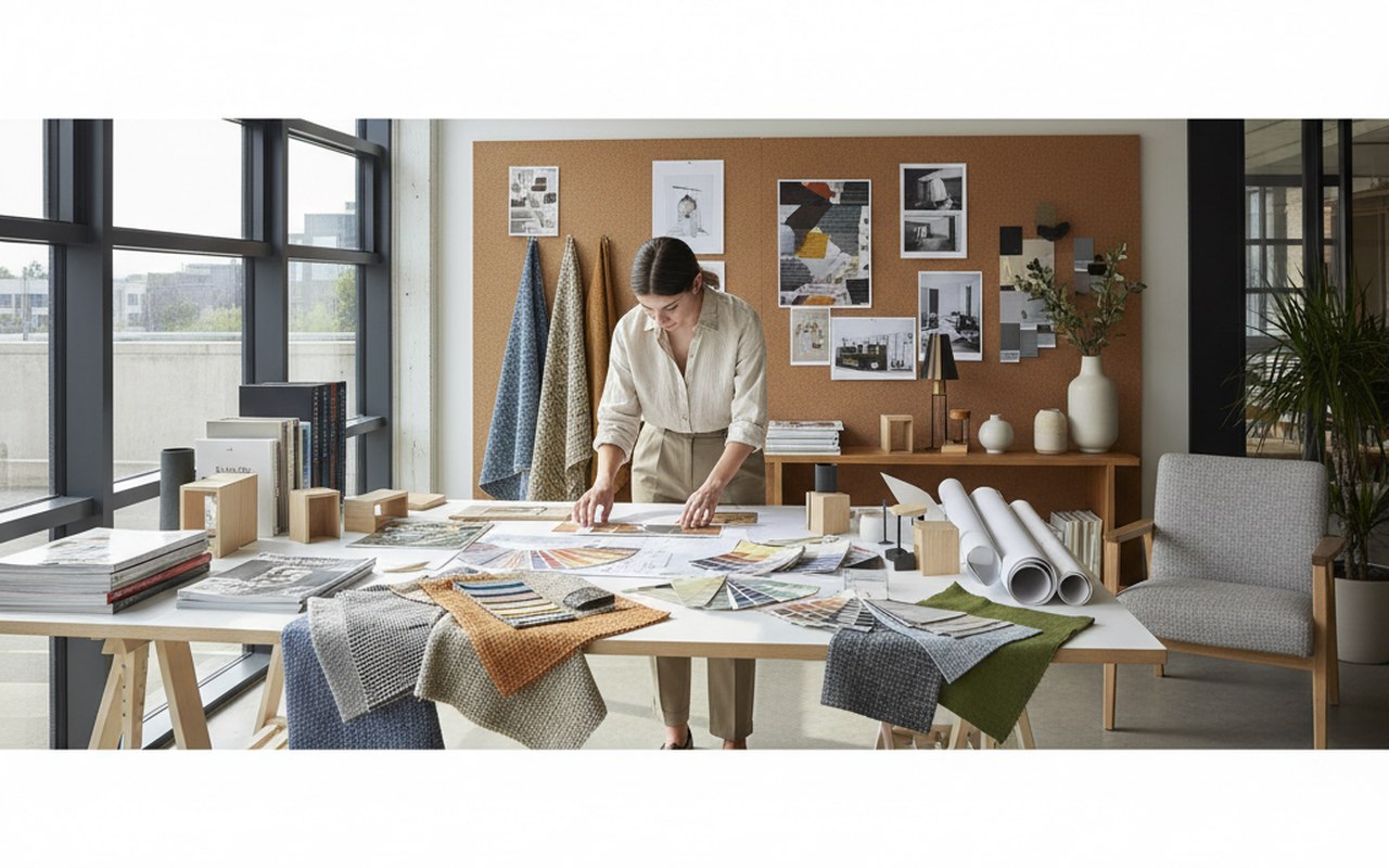 Étudiant en décoration d'intérieur travaillant sur un projet dans un espace moderne.