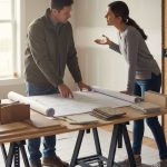 Artisan et propriétaire discutant d'une estimation de rénovation dans une maison en travaux.