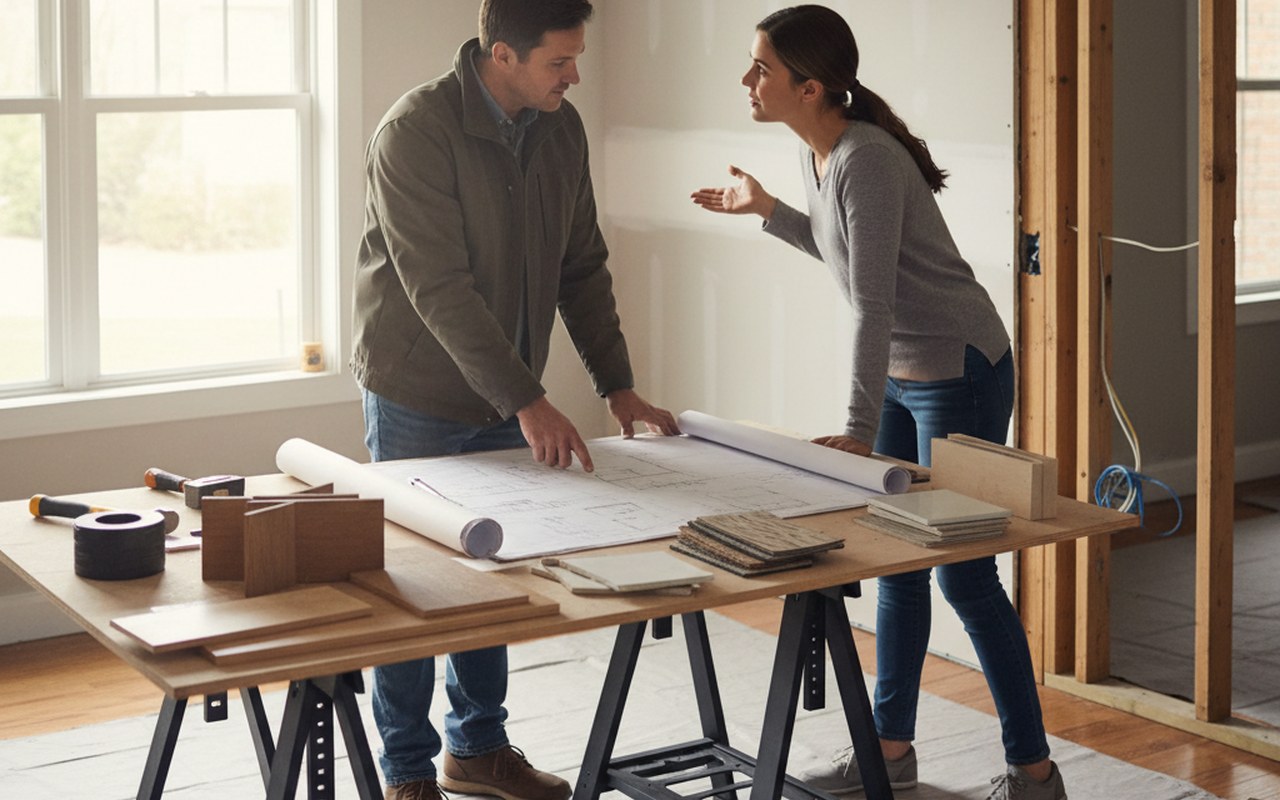 Artisan et propriétaire discutant d'une estimation de rénovation dans une maison en travaux.
