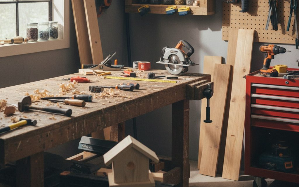 Atelier de bricolage avec outils et matériaux pour l'apprentissage pratique.
