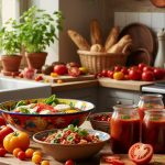 Cuisine ensoleillée avec des tomates et plats préparés à base de tomates.