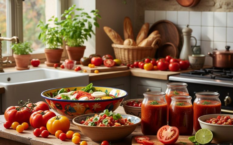 Cuisine ensoleillée avec des tomates et plats préparés à base de tomates.