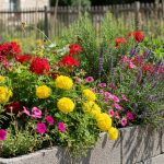 Jardinière en parpaing remplie de plantes dans un jardin.