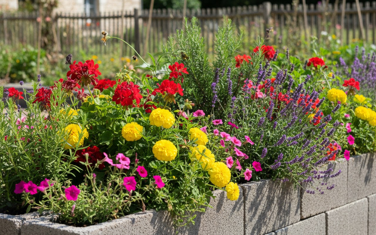 Jardinière en parpaing remplie de plantes dans un jardin.