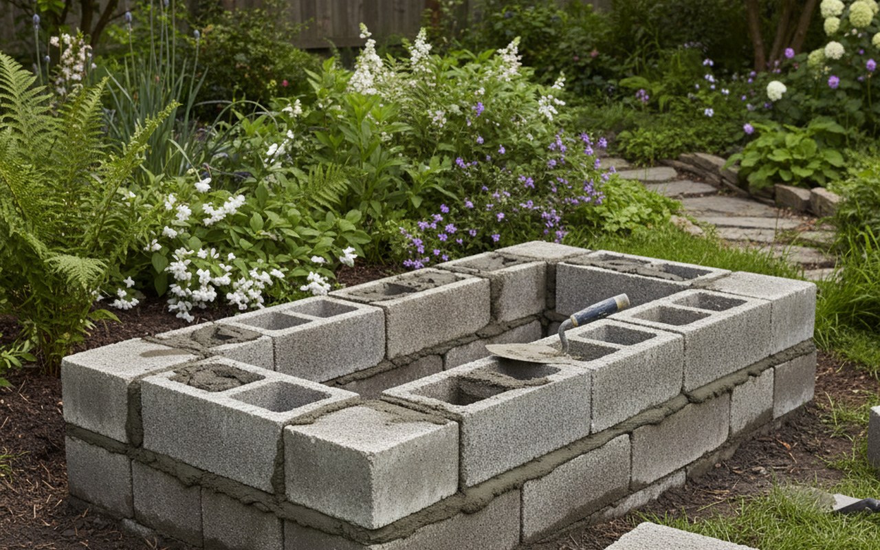 Construction d'une jardinière en parpaing dans un jardin avec lit de mortier.