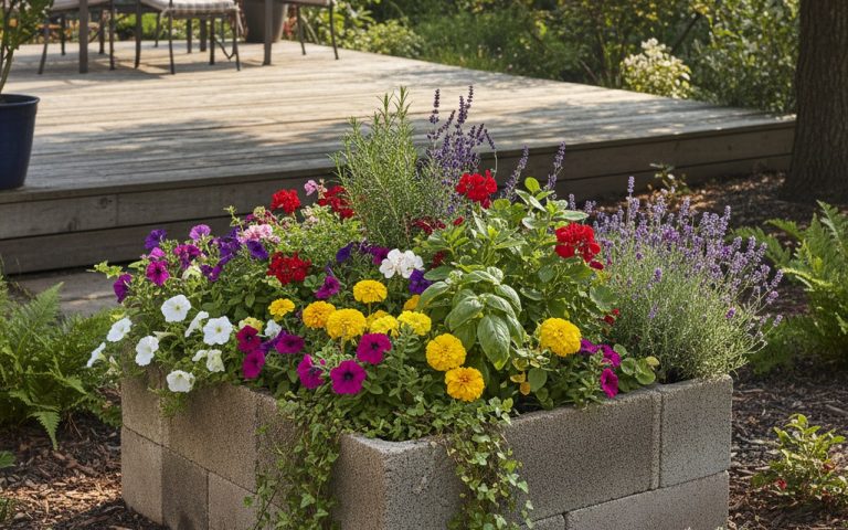 Jardinière en parpaing remplie de fleurs dans un jardin avec terrasse en bois.