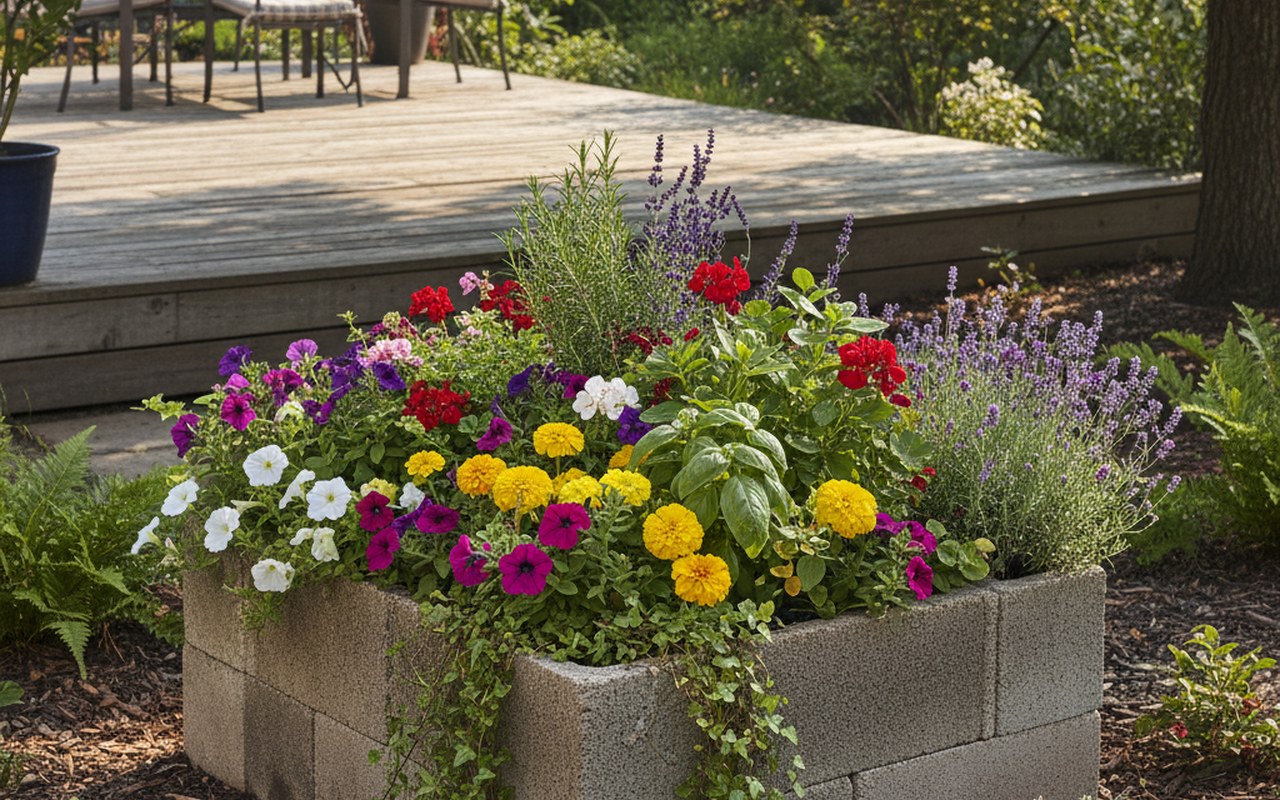 Jardinière en parpaing remplie de fleurs dans un jardin avec terrasse en bois.