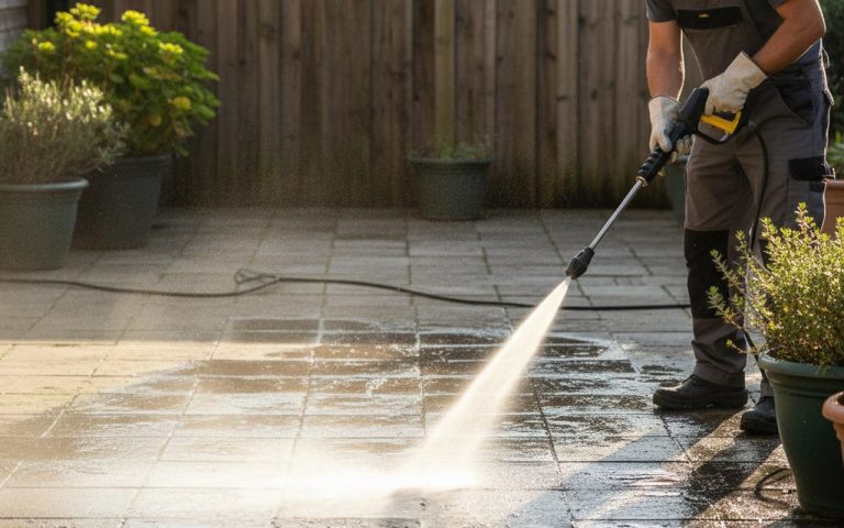 Nettoyage d'une terrasse avec un nettoyeur Kärcher et une lance rotative, montrant l'efficacité du jet d'eau.