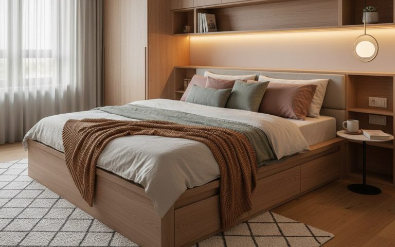 Chambre moderne avec lit simple en bois et décoration harmonieuse