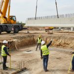 Installation d'une longrine en béton armé sur un chantier de construction.