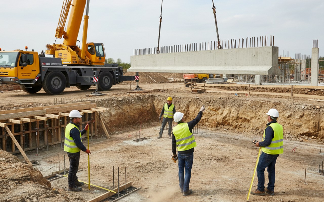Installation d'une longrine en béton armé sur un chantier de construction.