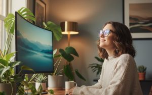 Personne avec lunettes de repos au bureau, soulageant la fatigue visuelle