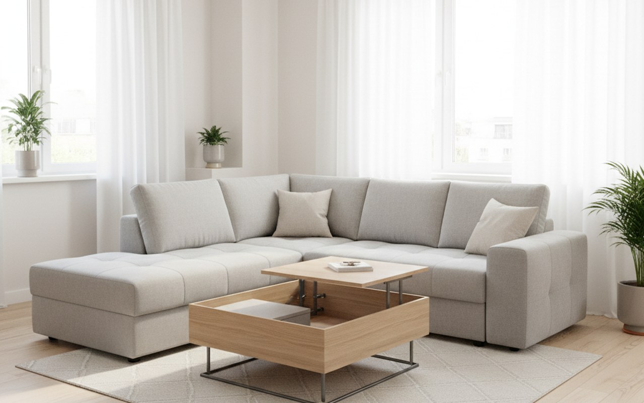 Intérieur moderne avec meubles multifonctionnels et éclairage naturel.