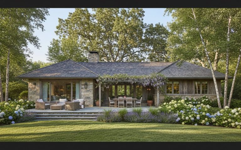 Maison américaine de style ranch avec jardin et terrasse, illustrant l'architecture et la nature.