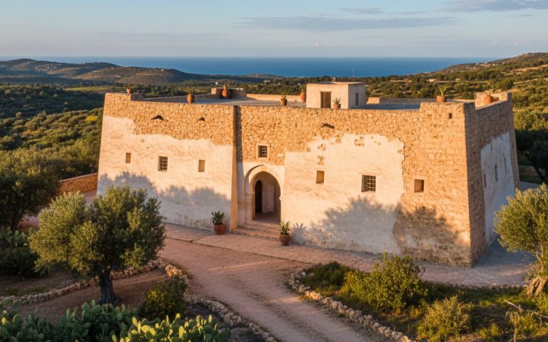 Maison tunisienne traditionnelle avec patio central et murs épais dans un paysage méditerranéen.