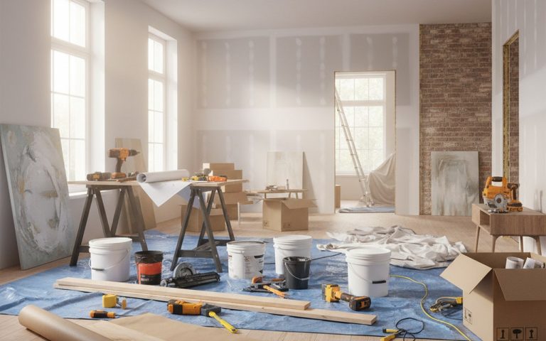 Scène de rénovation intérieure avec matériaux et outils dans une maison.