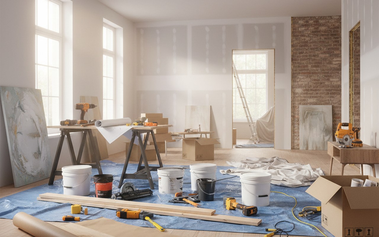 Scène de rénovation intérieure avec matériaux et outils dans une maison.