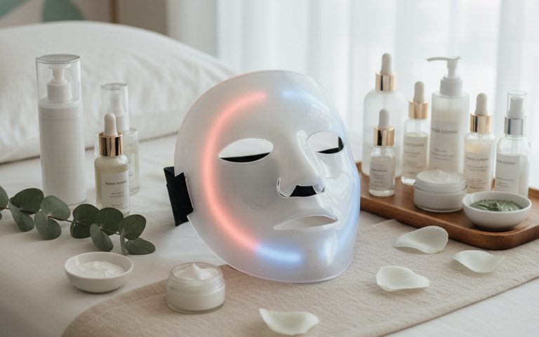 Masque LED sur une table de soin esthétique avec des produits de beauté.