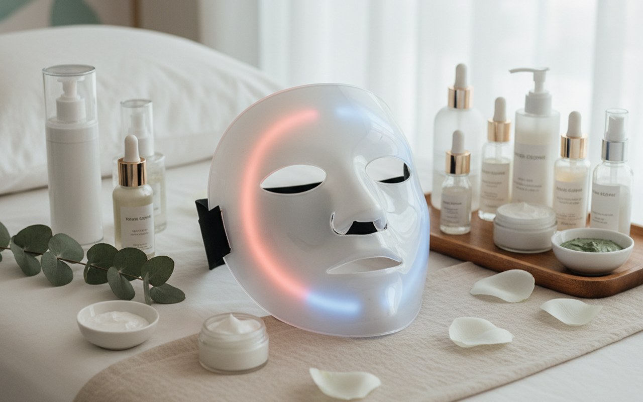 Masque LED sur une table de soin esthétique avec des produits de beauté.
