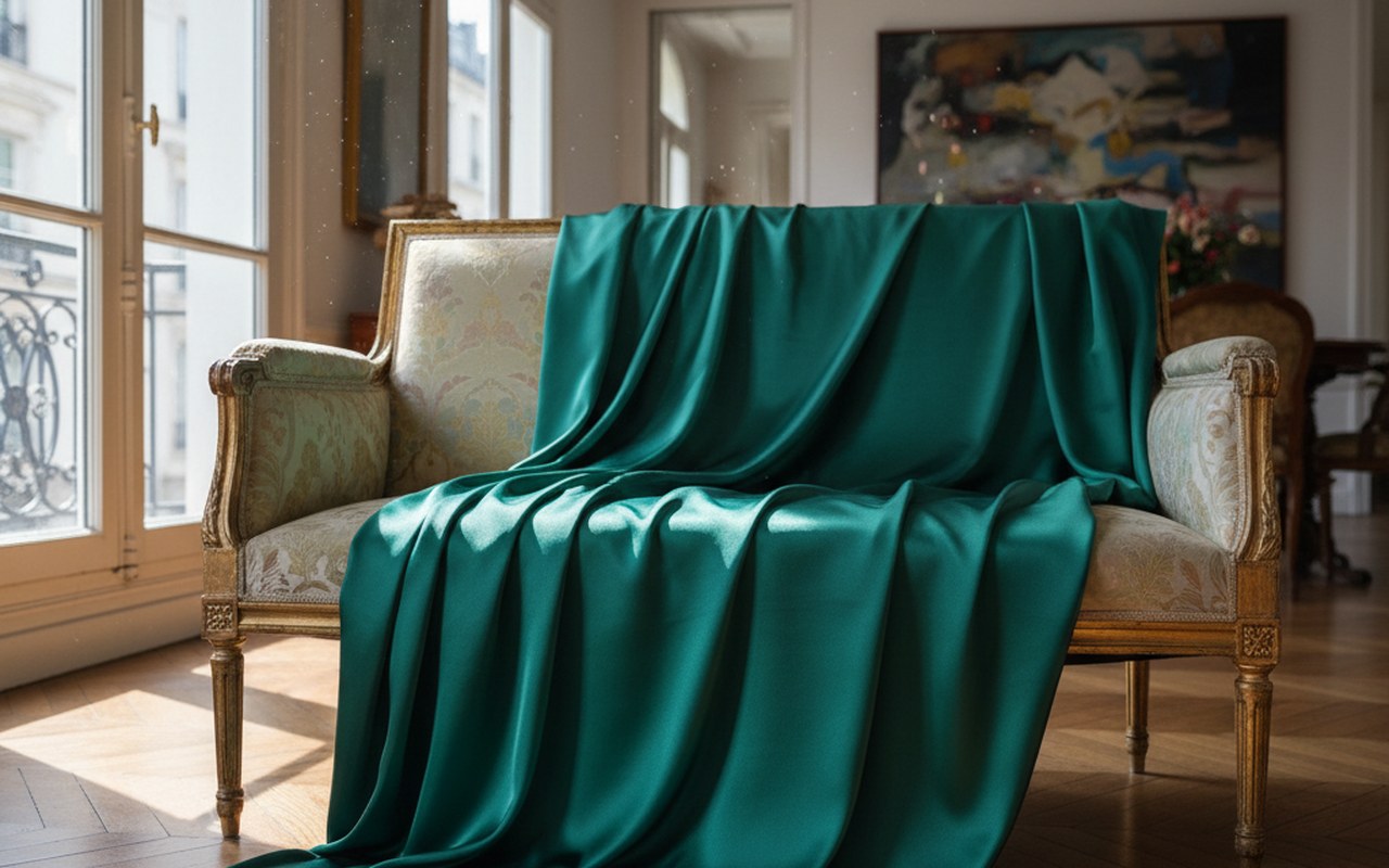 Drapé de satin dans une décoration intérieure élégante, mettant en valeur sa texture et son éclat.