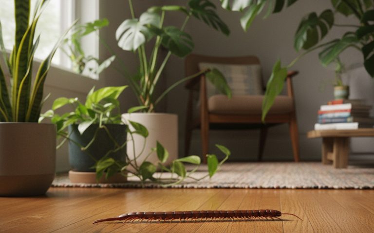 Une mille-patte sur un sol en bois, entourée de plantes d'intérieur, symbolisant l'harmonie spirituelle.