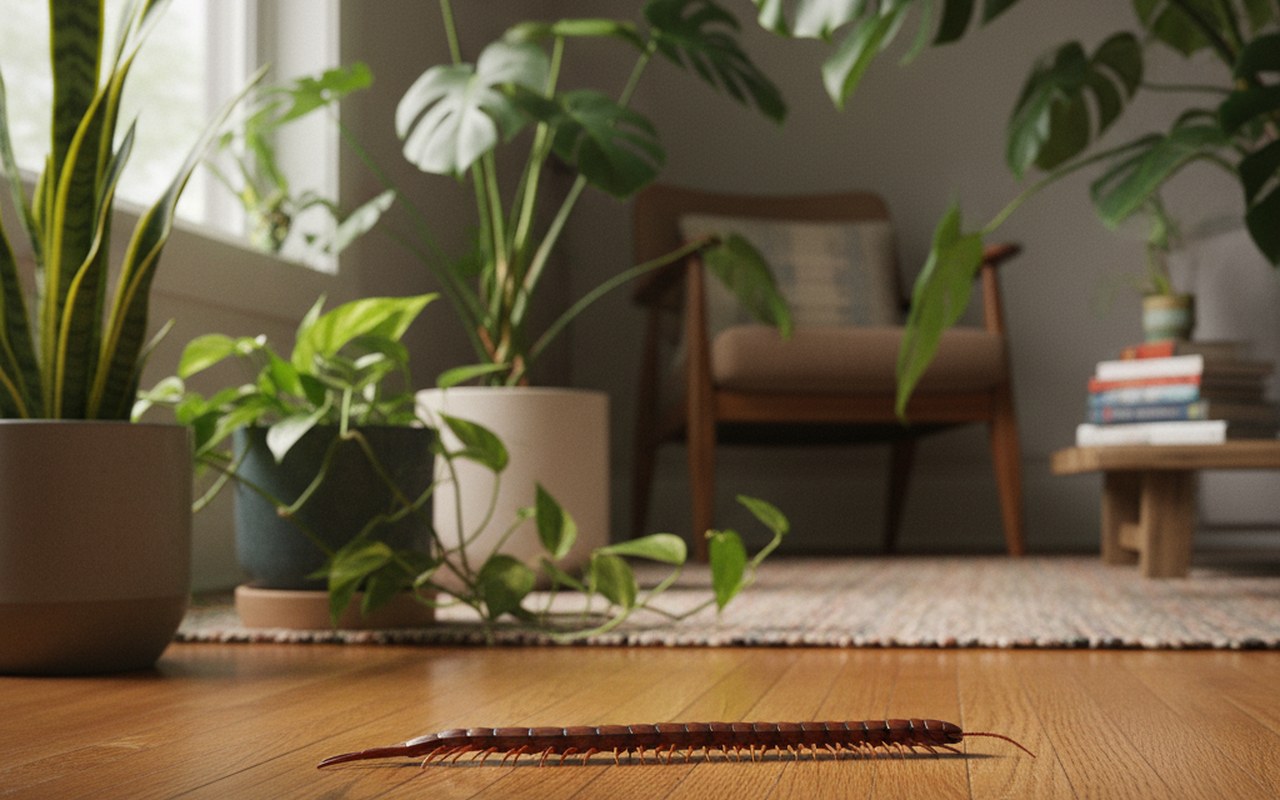 Une mille-patte sur un sol en bois, entourée de plantes d'intérieur, symbolisant l'harmonie spirituelle.