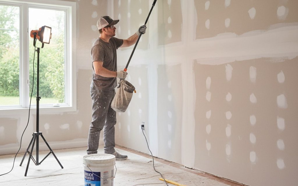 Un bricoleur prépare un mur pour la peinture avec des outils et matériaux autour.