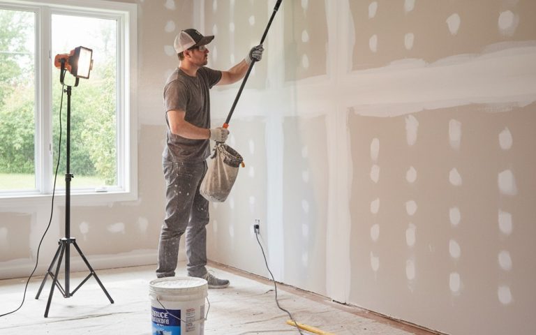 Un bricoleur prépare un mur pour la peinture avec des outils et matériaux autour.