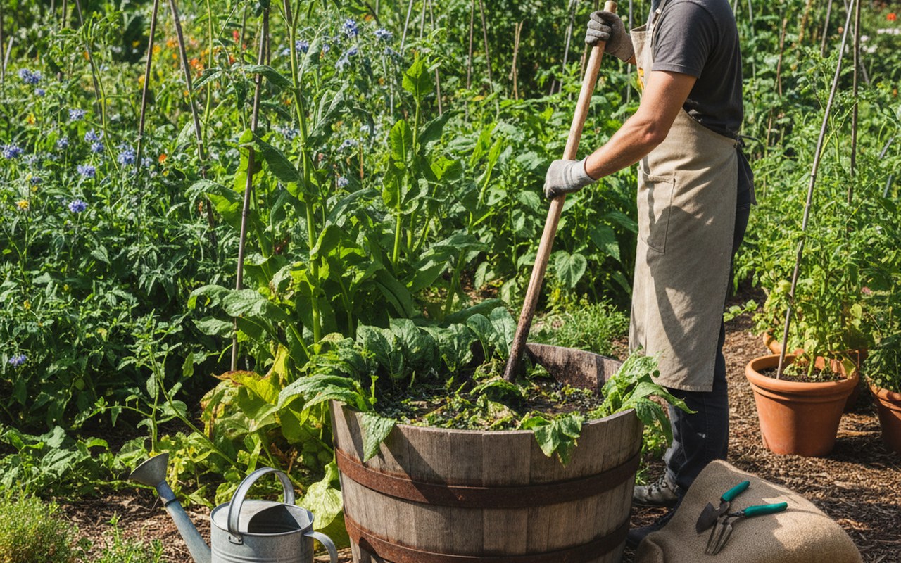 Un jardinier prépare du purin de consoude dans son jardin, illustrant la légalité de son usage personnel.