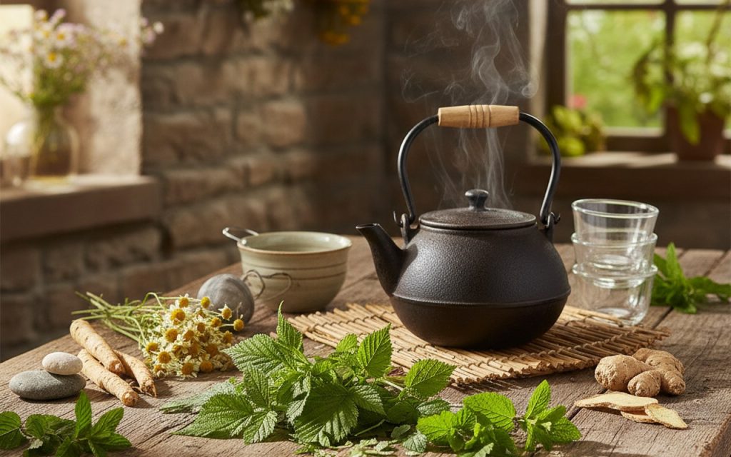 Préparation d'une tisane traditionnelle avec des plantes africaines pour l'accouchement.