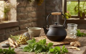 Préparation d'une tisane traditionnelle avec des plantes africaines pour l'accouchement.