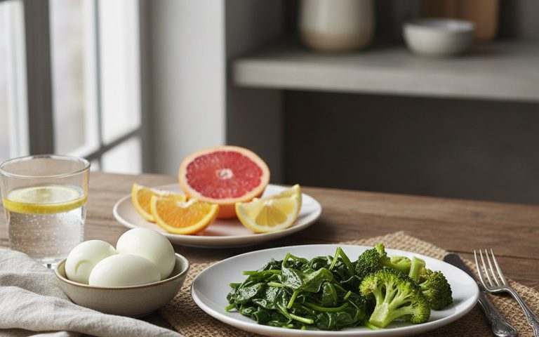 Repas du régime œuf avec œufs durs, légumes vapeur et agrumes.