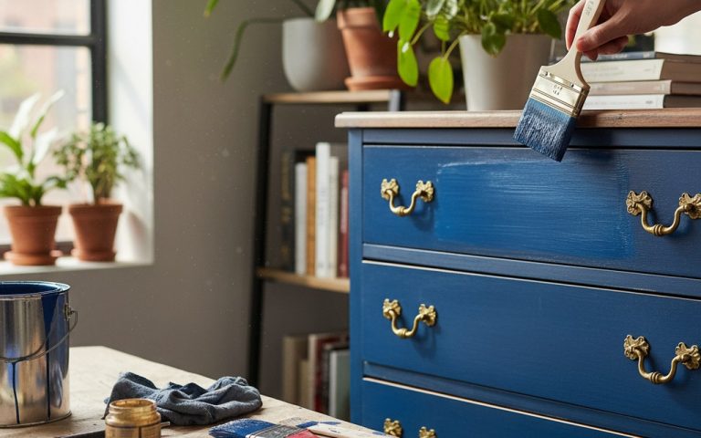 Transformation d'une commode vintage avec peinture bleue et poignées dorées.
