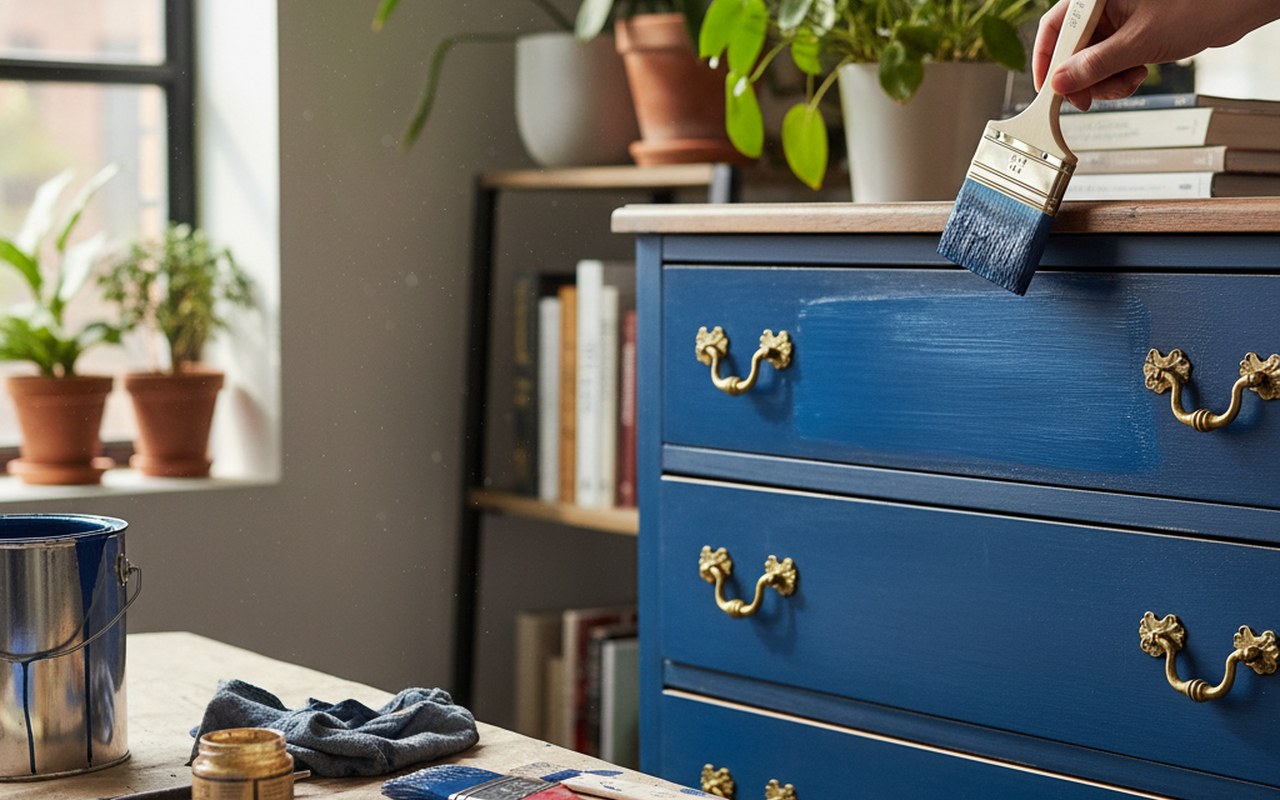 Transformation d'une commode vintage avec peinture bleue et poignées dorées.